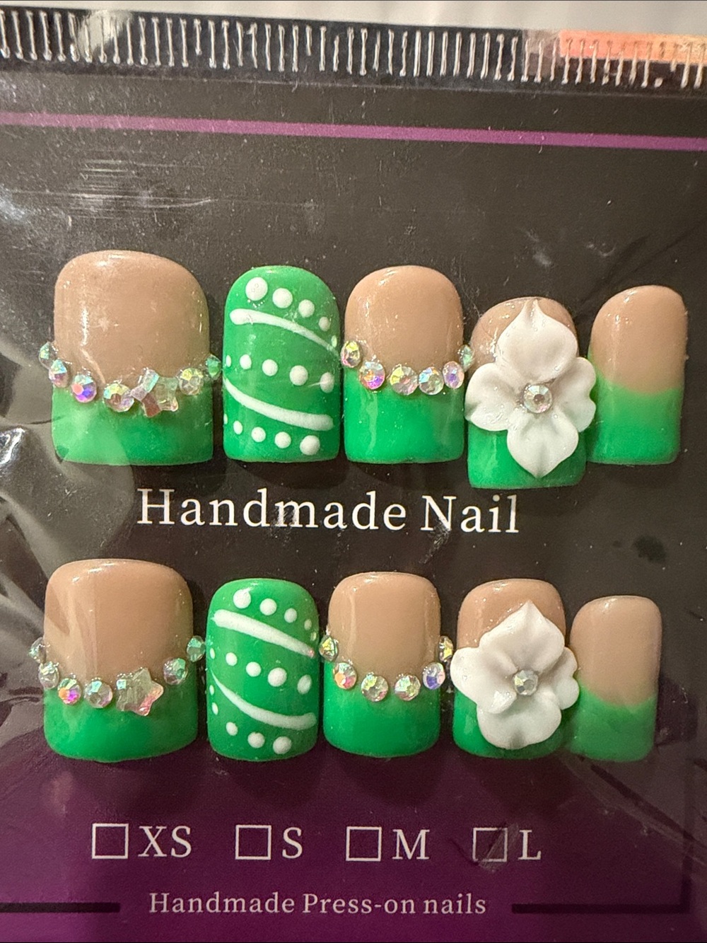 Handmade Green and Nude Floral Press-On Nail Set